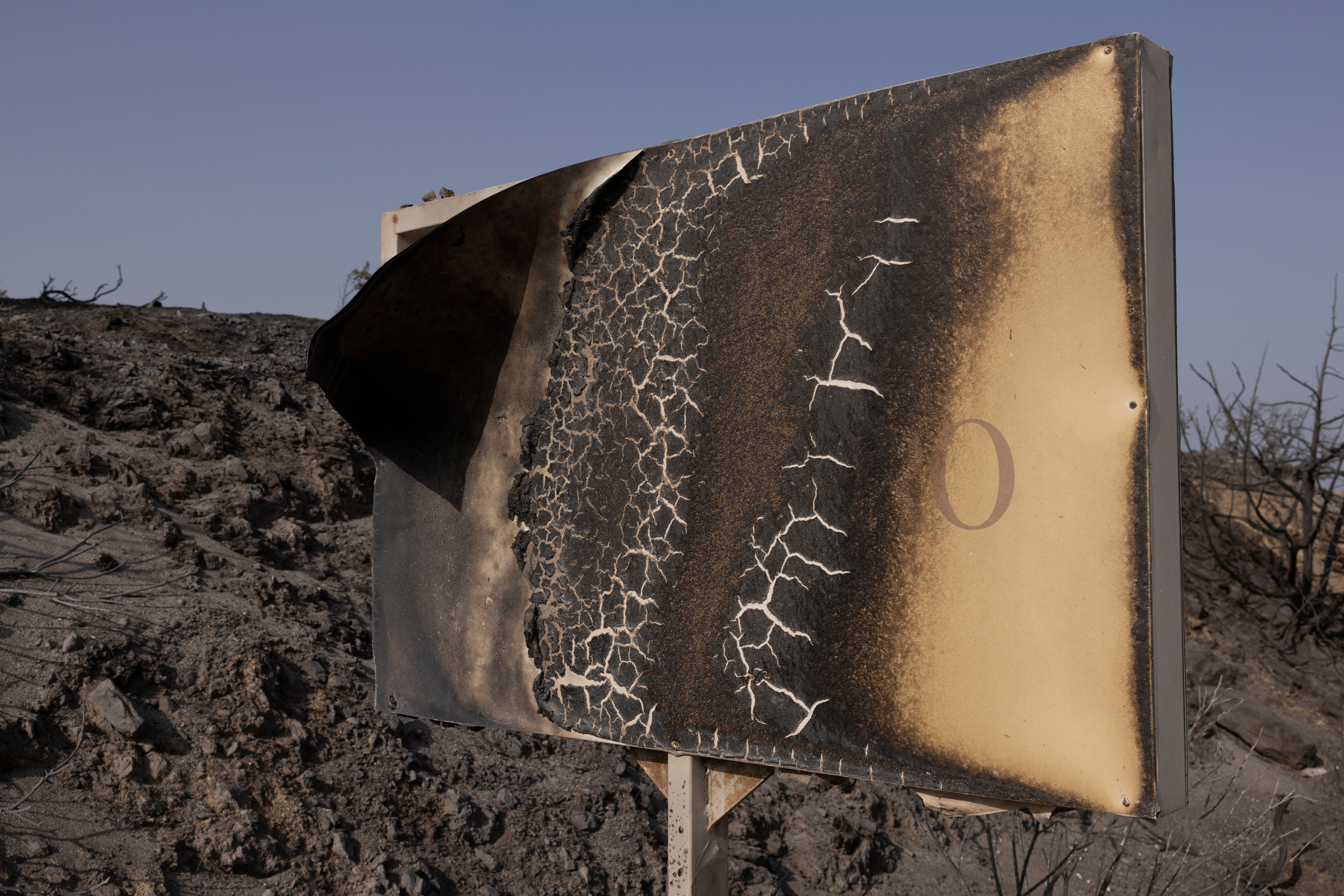 A burnt hotel sign on July 27, 2023 in Gennadi, Rhodes, Greece.