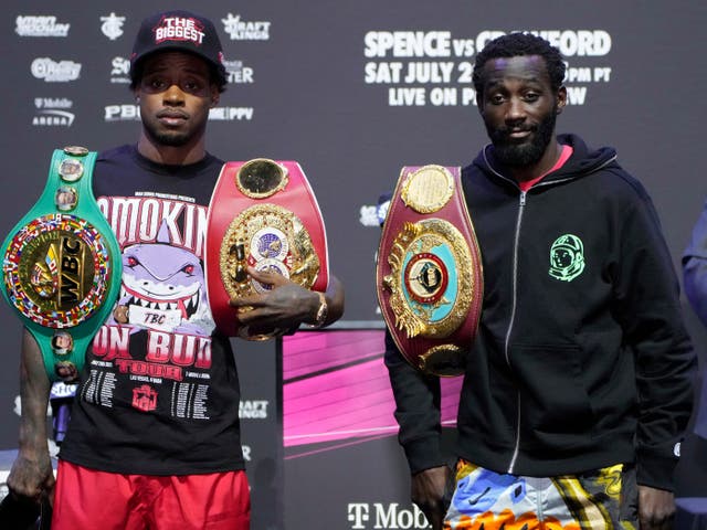 <p>Errol Spence Jr (left) and Terence Crawford at their final pre-fight press conference</p>