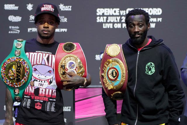<p>Errol Spence Jr (left) and Terence Crawford at their final pre-fight press conference</p>