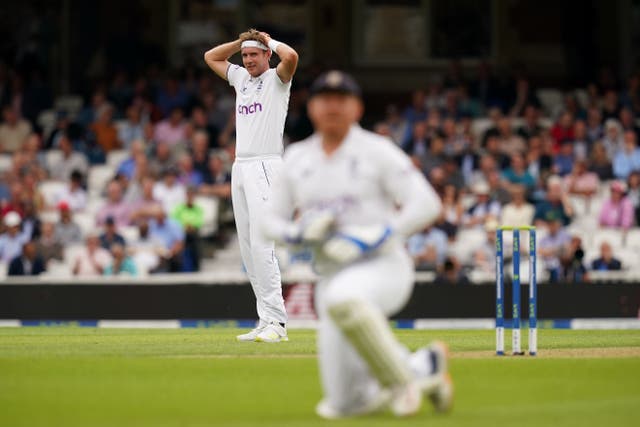 England’s Stuart Broad reacts as Jonny Bairstow drops a catch during day one of the fifth Ashes Test at the Kia Oval (John Walton/PA)