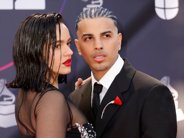 <p>Rosalia and Rauw Alejandro attend the 23rd Annual Latin GRAMMY Awards at Michelob ULTRA Arena on November 17, 2022</p>