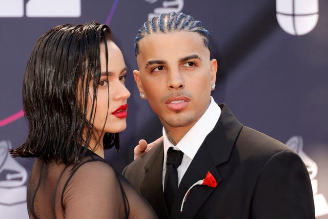<p>Rosalia and Rauw Alejandro attend the 23rd Annual Latin GRAMMY Awards at Michelob ULTRA Arena on November 17, 2022</p>