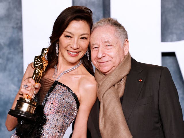 <p>Michelle Yeoh (L) and French motor racing executive Jean Todt (R) attend the Vanity Fair 95th Oscars Party at the The Wallis Annenberg Center for the Performing Arts in Beverly Hills, California on March 12, 2023</p>