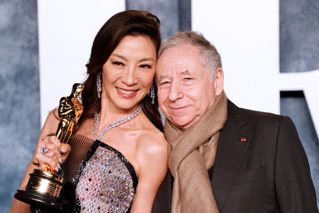 <p>Michelle Yeoh (L) and French motor racing executive Jean Todt (R) attend the Vanity Fair 95th Oscars Party at the The Wallis Annenberg Center for the Performing Arts in Beverly Hills, California on March 12, 2023</p>