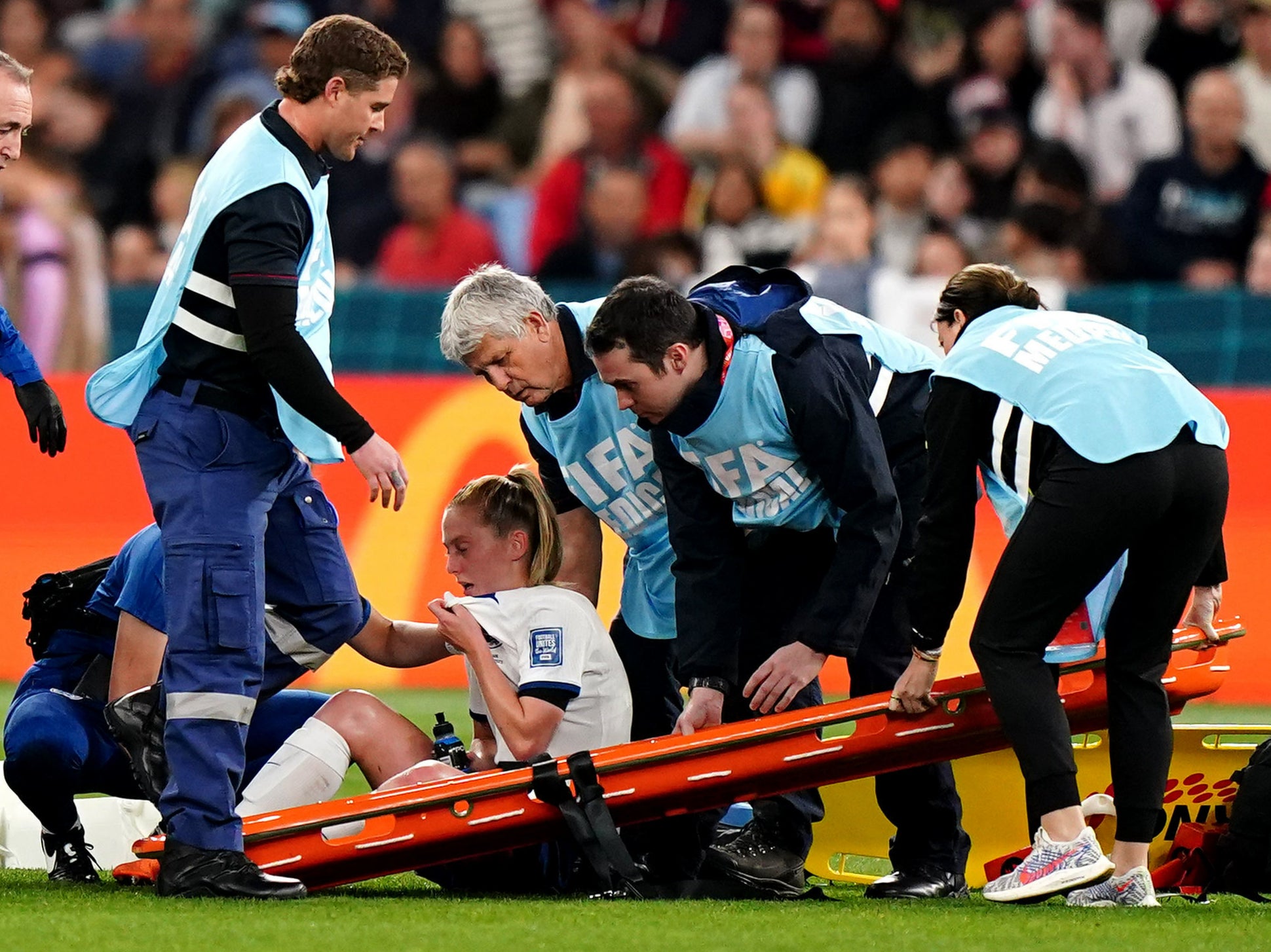 Keira Walsh was stretchered off with a knee injury