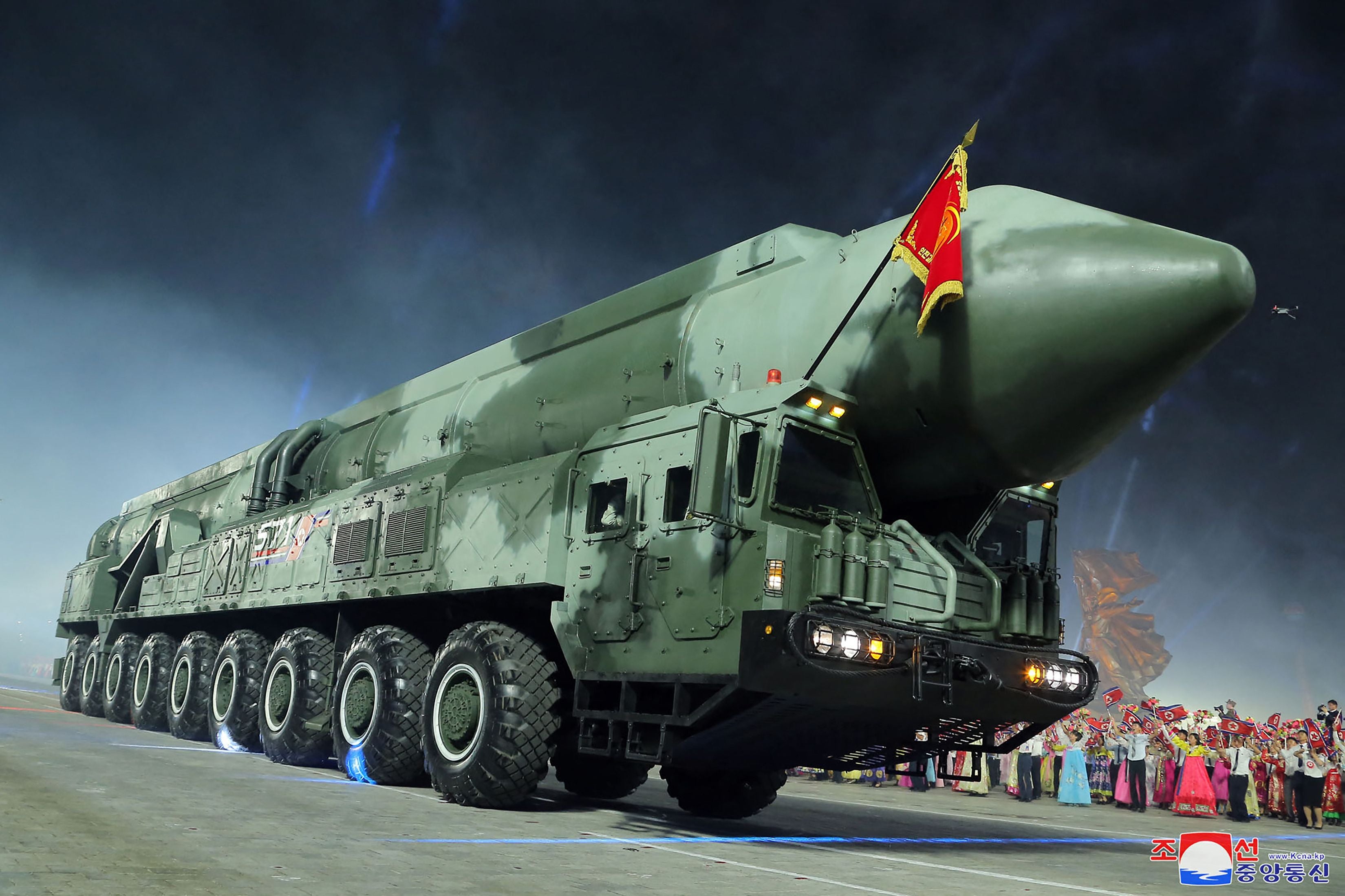 New model of intercontinental ballistic missile (ICBM), the solid-fuel Hwasong-18, being paraded at Kim Il Sung Square in Pyongyang to mark a key anniversary of the Korean War