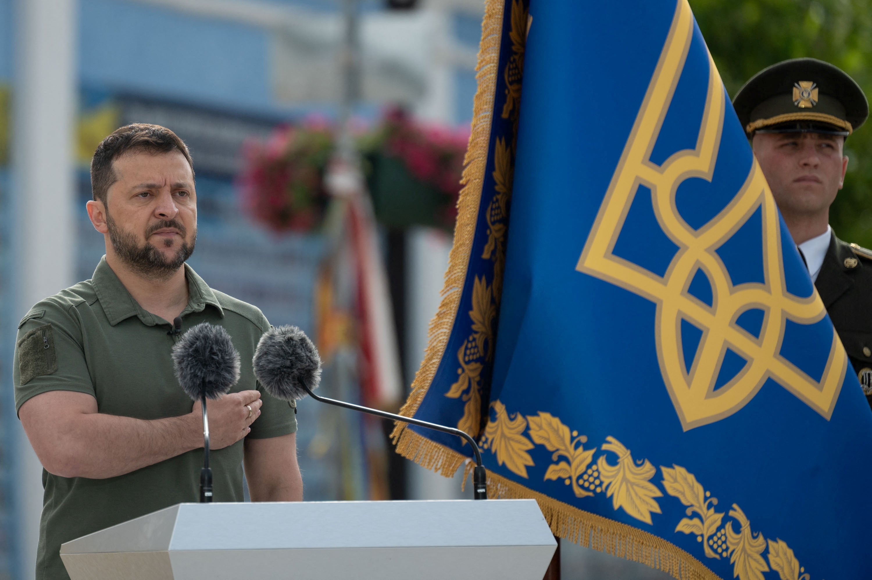 Ukraine’s president Volodymyr Zelensky attends a ceremony marking Statehood Day, in Kyiv on Friday