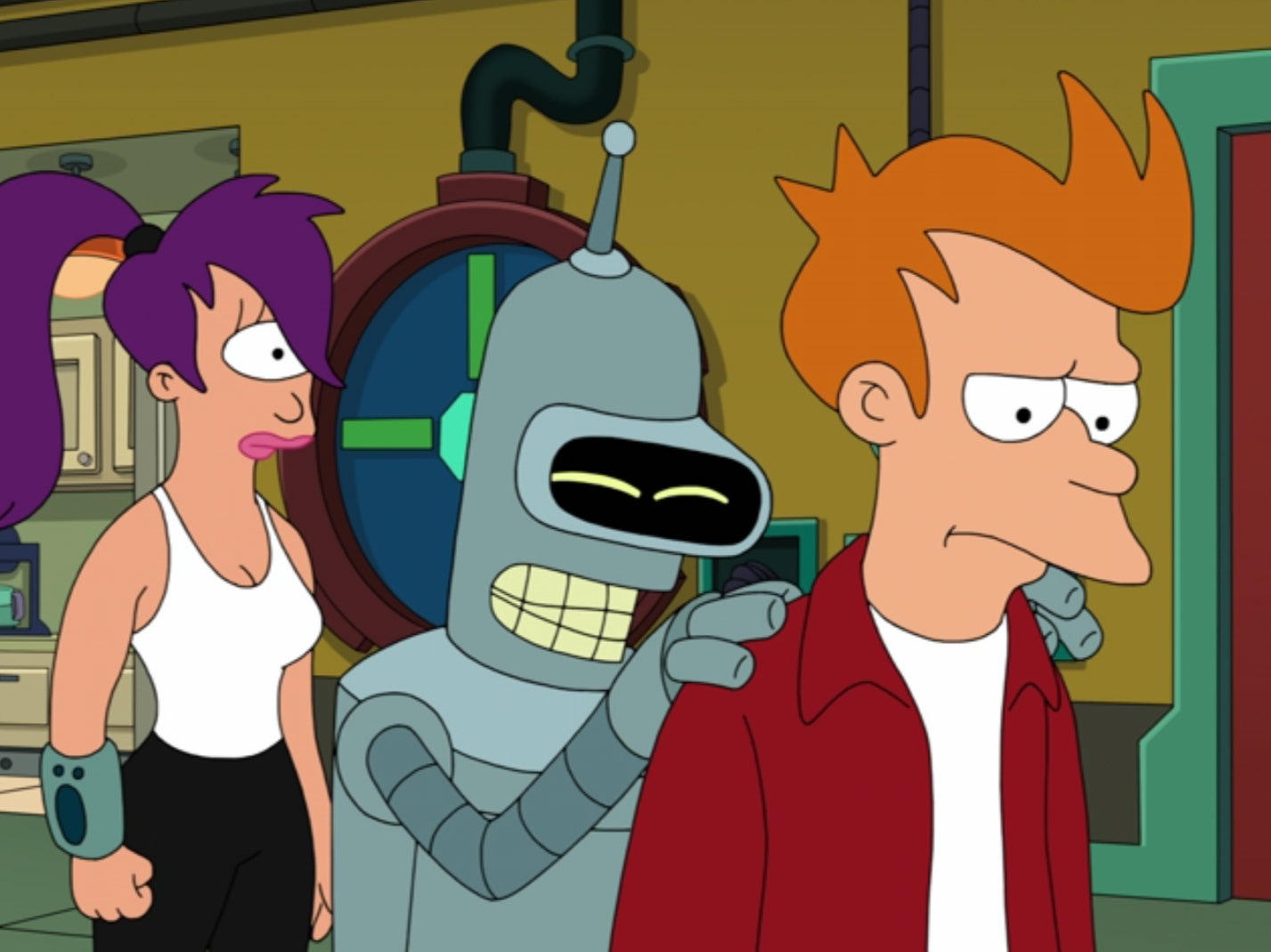 Leela (Katey Sagal), Bender (John DiMaggio) and Fry (Billy West) in the first episode of the new ‘Futurama’ reboot