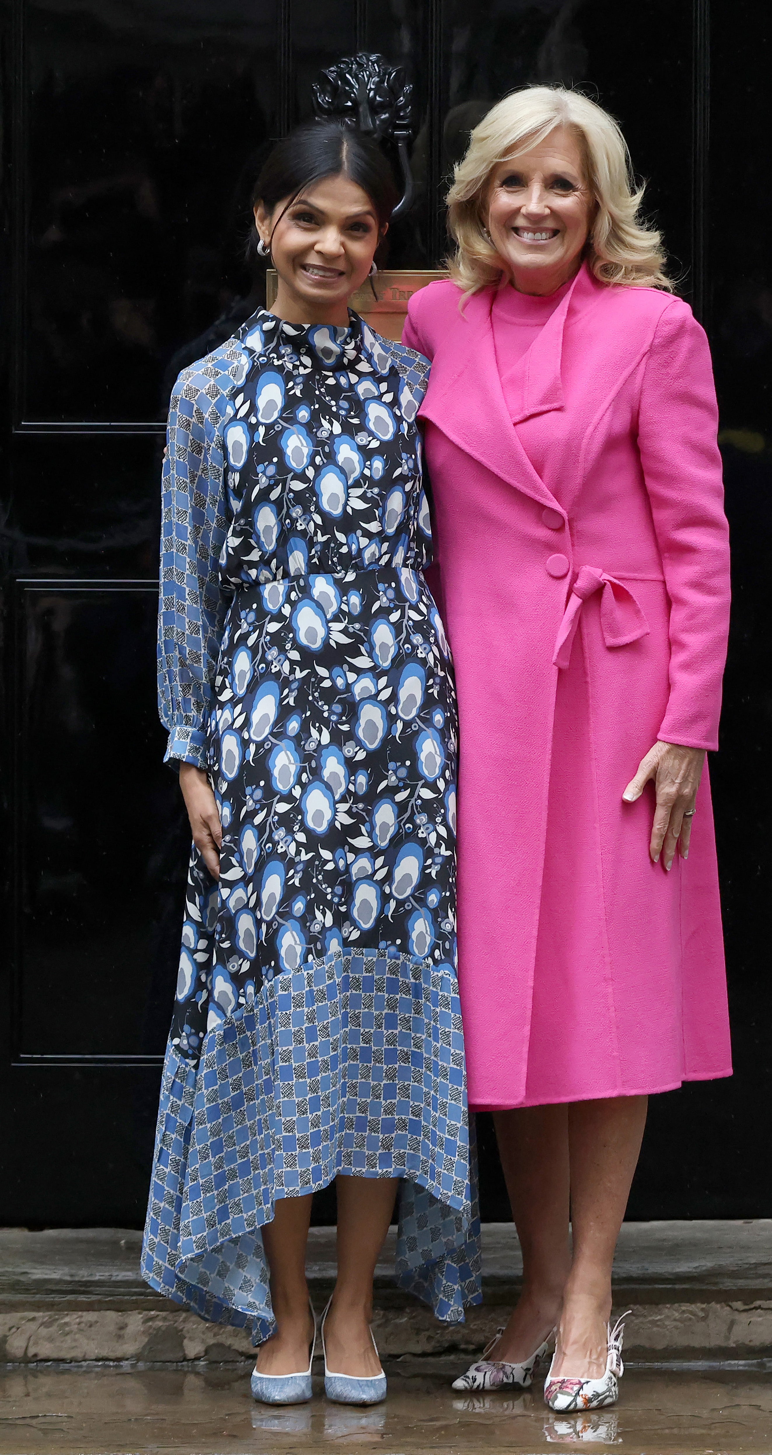 First Lady Jill Biden of the United States meets Akshata Murty, wife of British Prime Minister Rishi Sunak at number 10 Downing Street on May 5, 2023
