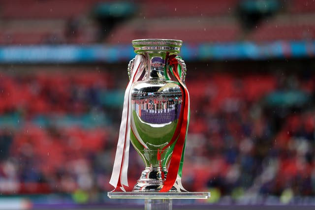 <p>A general view of The Henri Delaunay Trophy prior to the UEFA Euro 2020 Championship Final</p>