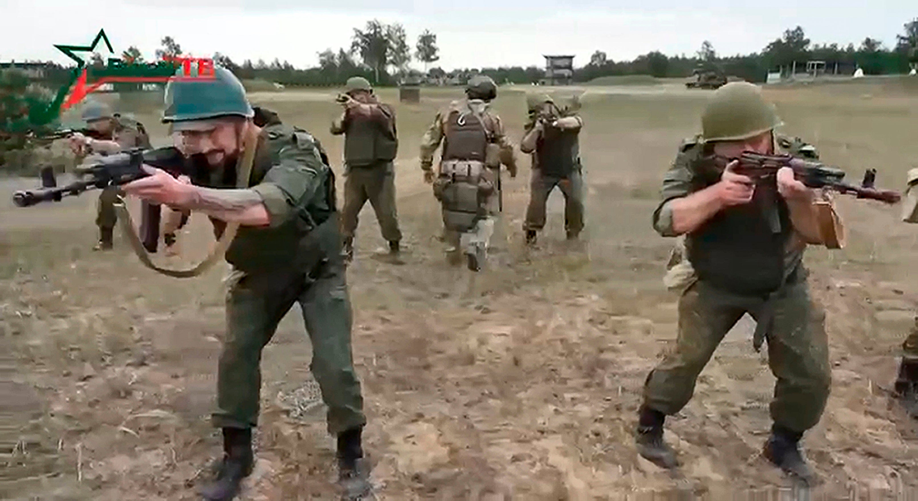 Belarusian soldiers attend training conducted by mercenary fighters from Wagner on 14 July