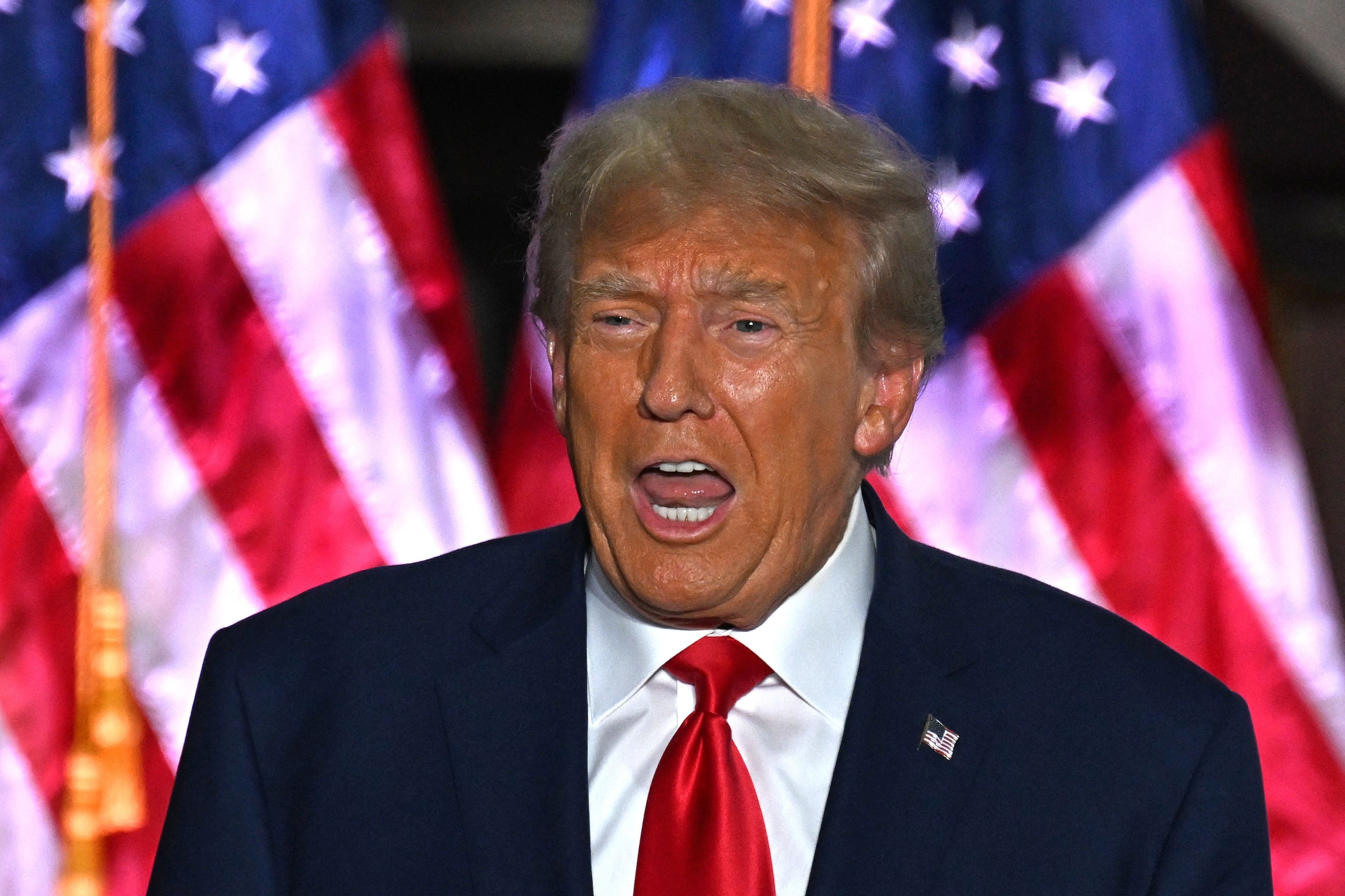 Former US President Donald Trump delivers remarks at Trump National Golf Club Bedminster in June 2023