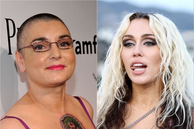 <p>Sinead O’Connor (left) and Miley Cyrus</p>