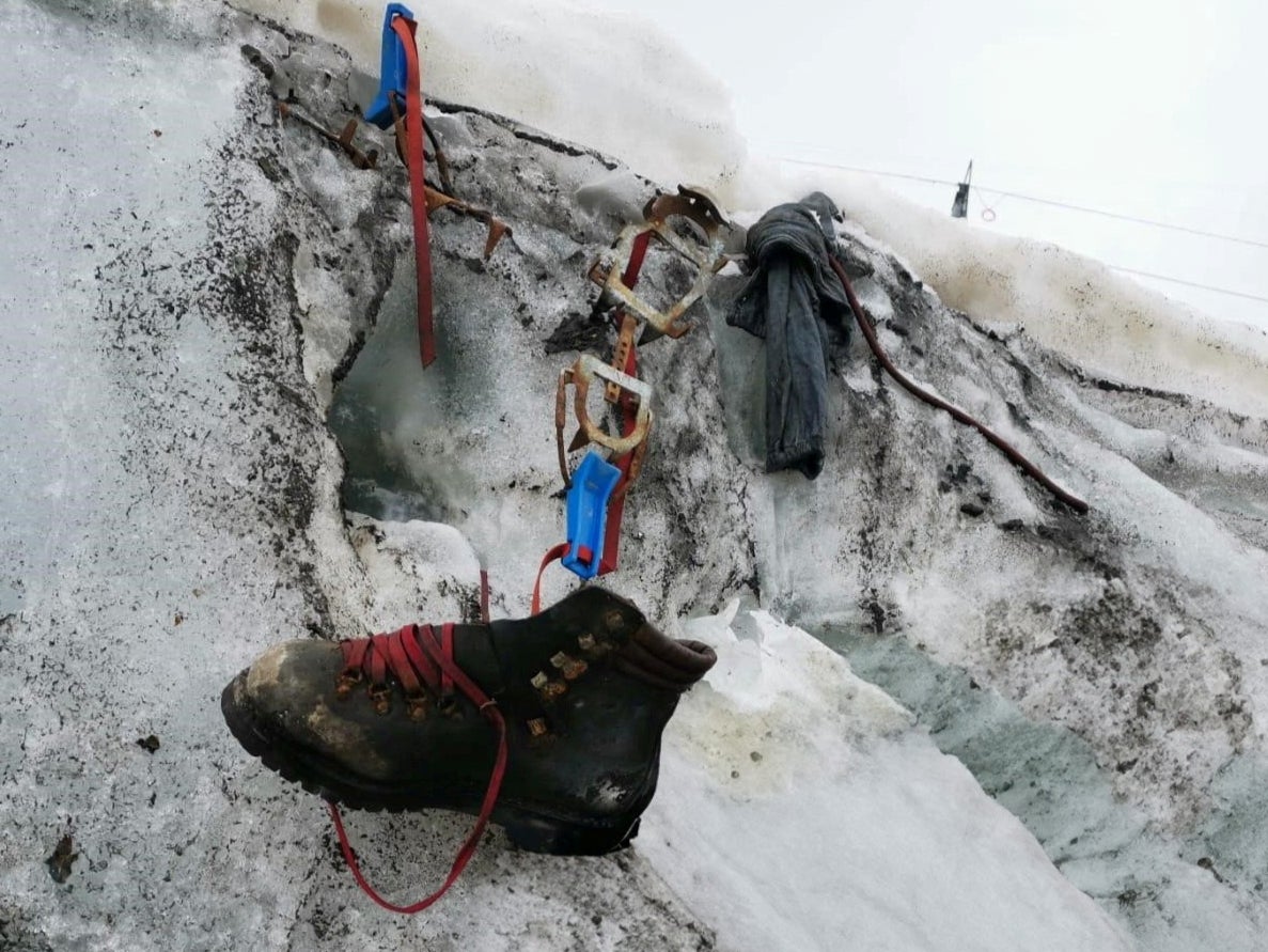 A boot that belonged to a German climber who disappeared while hiking along Switzerland's Theodul Glacier in 1986