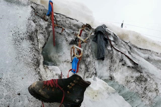 <p>A boot that belonged to a German climber who disappeared while hiking along Switzerland's Theodul Glacier in 1986 </p>