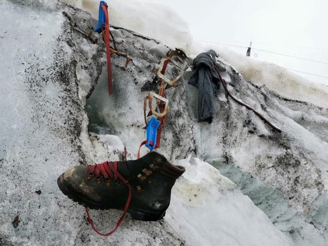 <p>A boot that belonged to a German climber who disappeared while hiking along Switzerland's Theodul Glacier in 1986 </p>