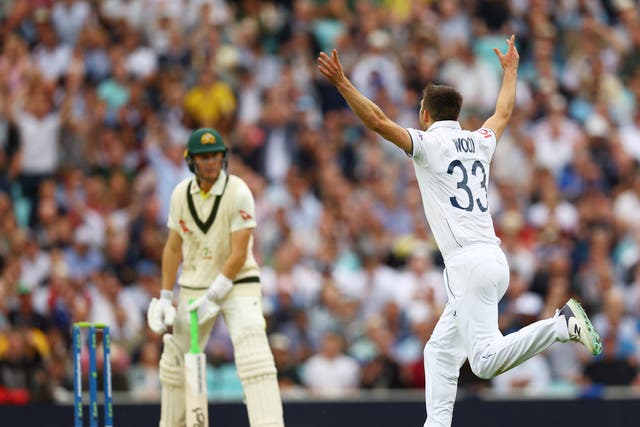 <p>England's Mark Wood celebrates after taking the wicket of Australia's Marnus Labuschagne</p>