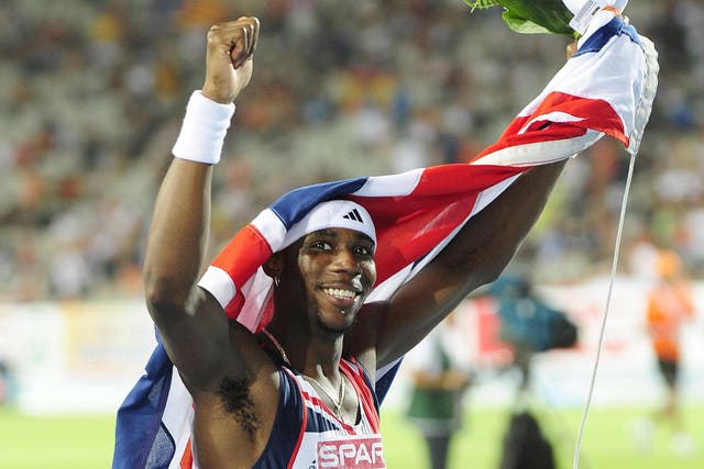 Great Britain’s Phillips Idowu celebrates his victory in the men’s triple jump final (John Giles/PA)