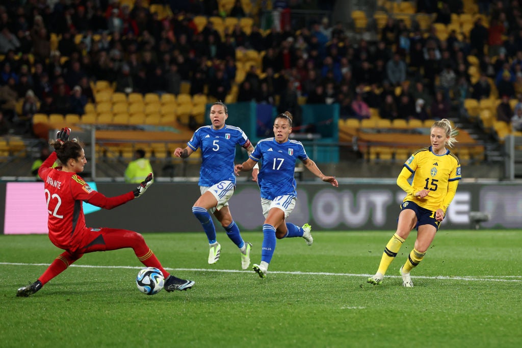 Rebecka Blomqvist of Sweden scores her team's fifth goal