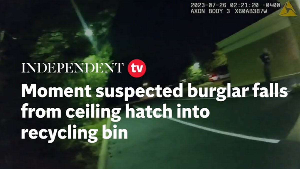 Moment suspected burglar falls from ceiling hatch into recycling bin