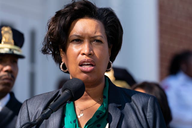 <p>Muriel Bowser speaks during a news conference</p>