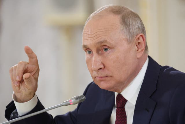 <p>Russia’s President Putin attends a press conference in St Petersburg in 2023 </p>