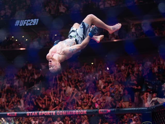 <p>Justin Gaethje celebrates his knockout of Dustin Poirier</p>