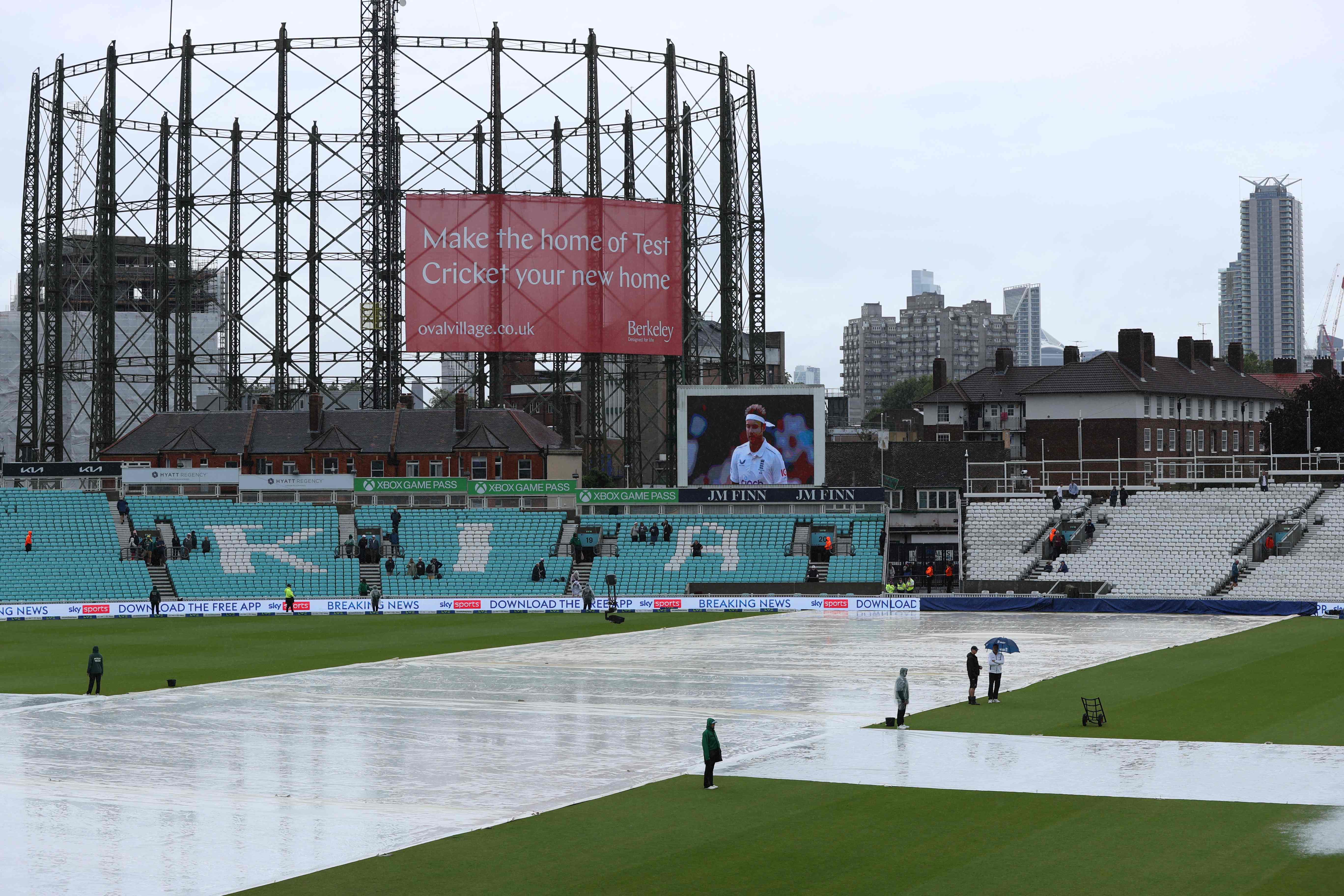 A deluge stopped play on day four of the fifth Ashes Test