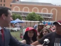 <p>Matthew Alvarez interviews a Trump supporter in Erie, Pennsylvania</p>