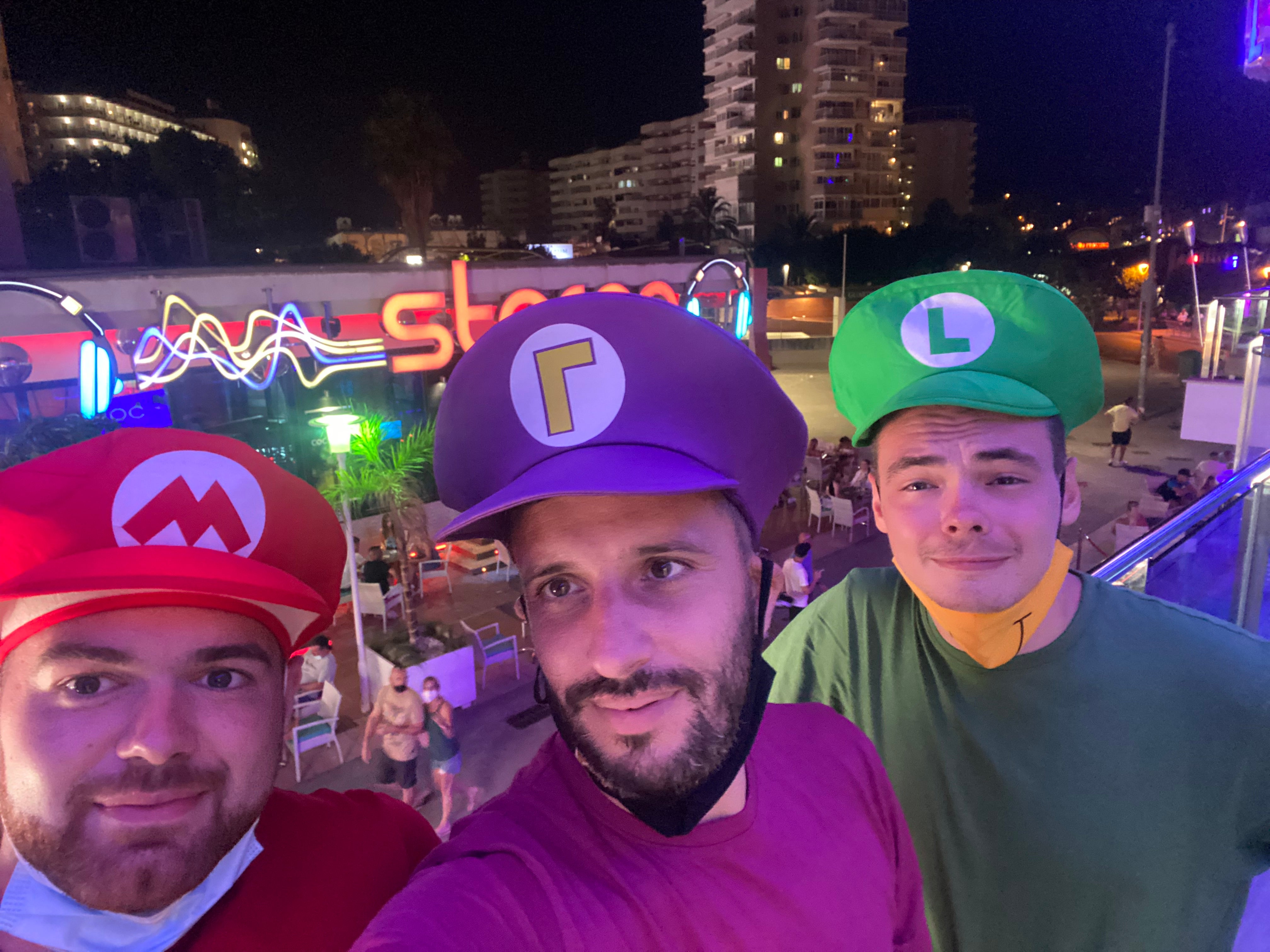 Will in costume with his fellow stags at a Super Mario-themed event