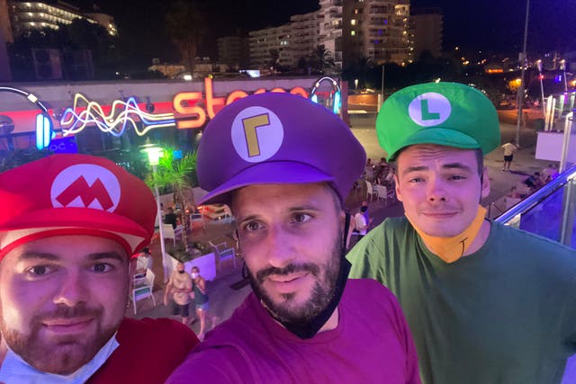 <p>Will in costume with his fellow stags at a Super Mario-themed event</p>
