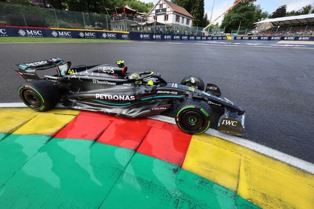 Lewis Hamilton’s Mercedes in action at the Belgian Grand Prix (Geert Vanden Wijngaert/AP).