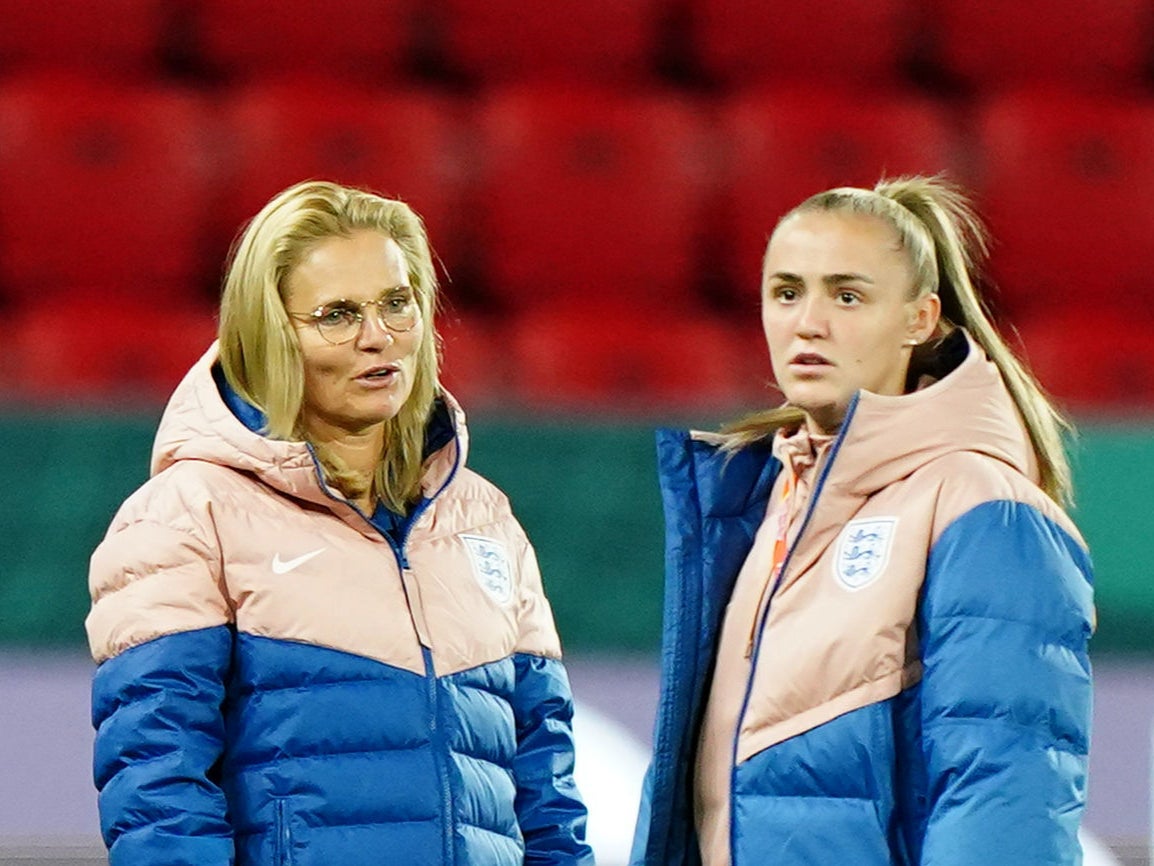 England head coach Sarina Wiegman and Georgia Stanway chat ahead of the China match