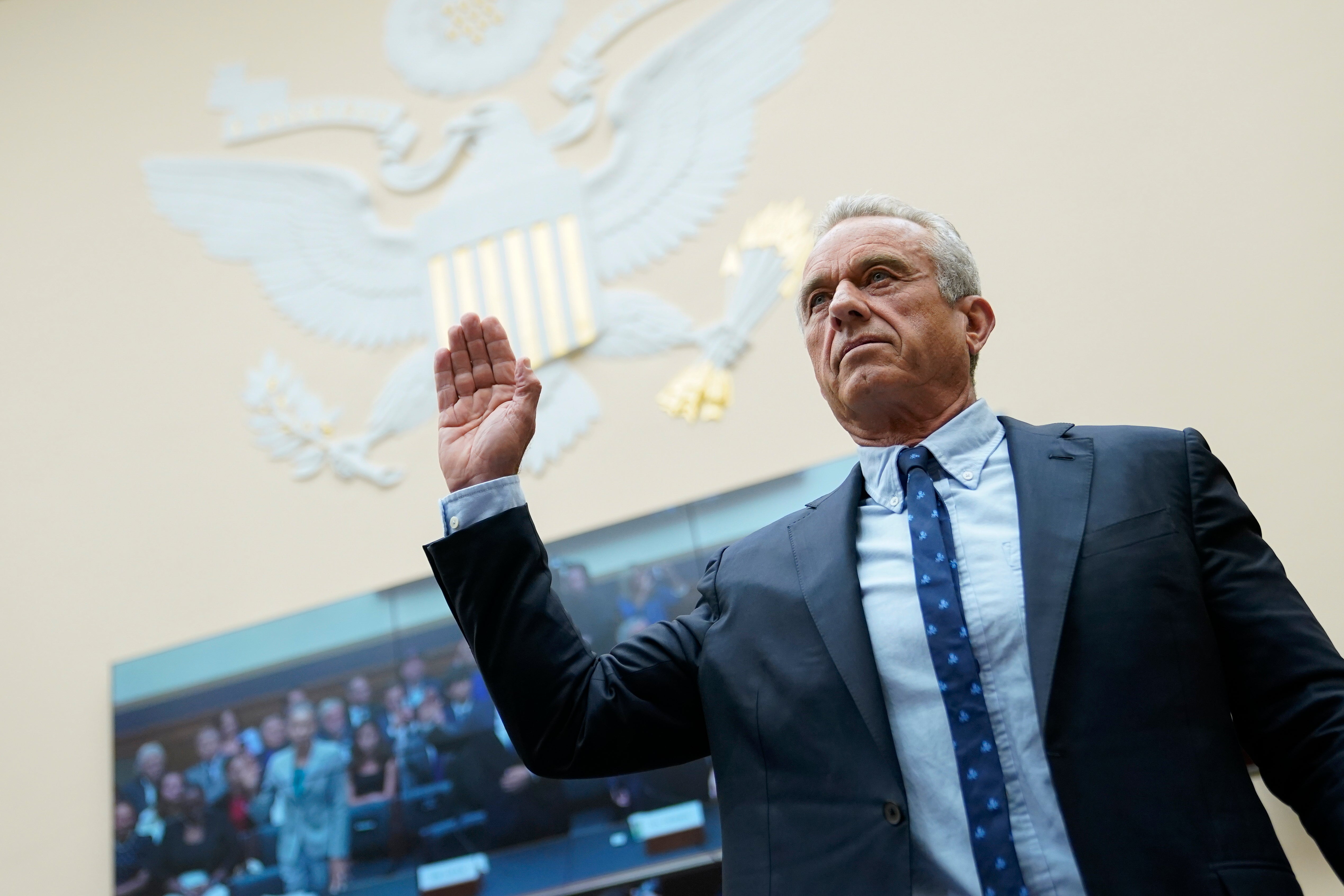 Robert F Kennedy, Jr., is sworn in before testifying at a House Judiciary Select Subcommittee on the Weaponization of the Federal Government in July
