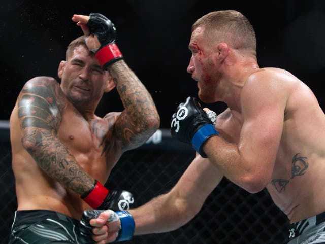 <p>Justin Gaethje, right, and Dustin Poirier in action at UFC 291</p>