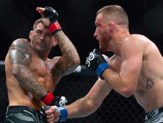 <p>Justin Gaethje, right, and Dustin Poirier in action at UFC 291</p>