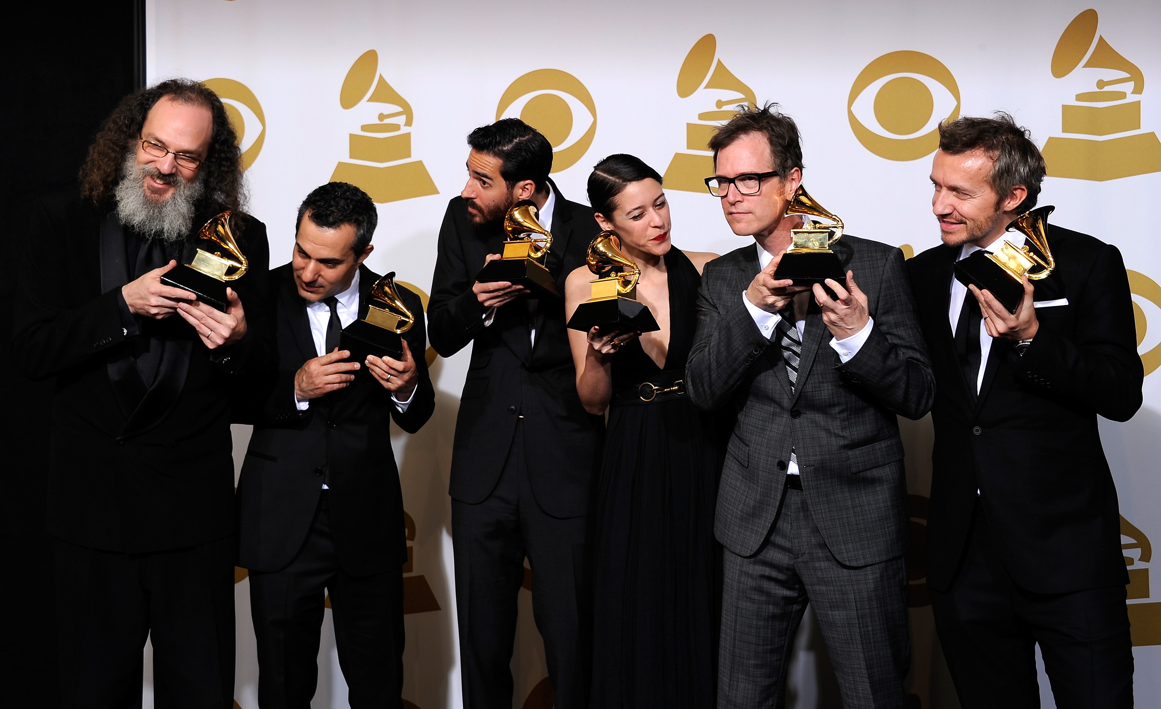 Fraser T Smith (right) with Dan Wilson, Beatriz Artola, Philip Allen, Greg Fidelman and Andrew Scheps with their Album of the Year Grammys for Adele’s ‘21’