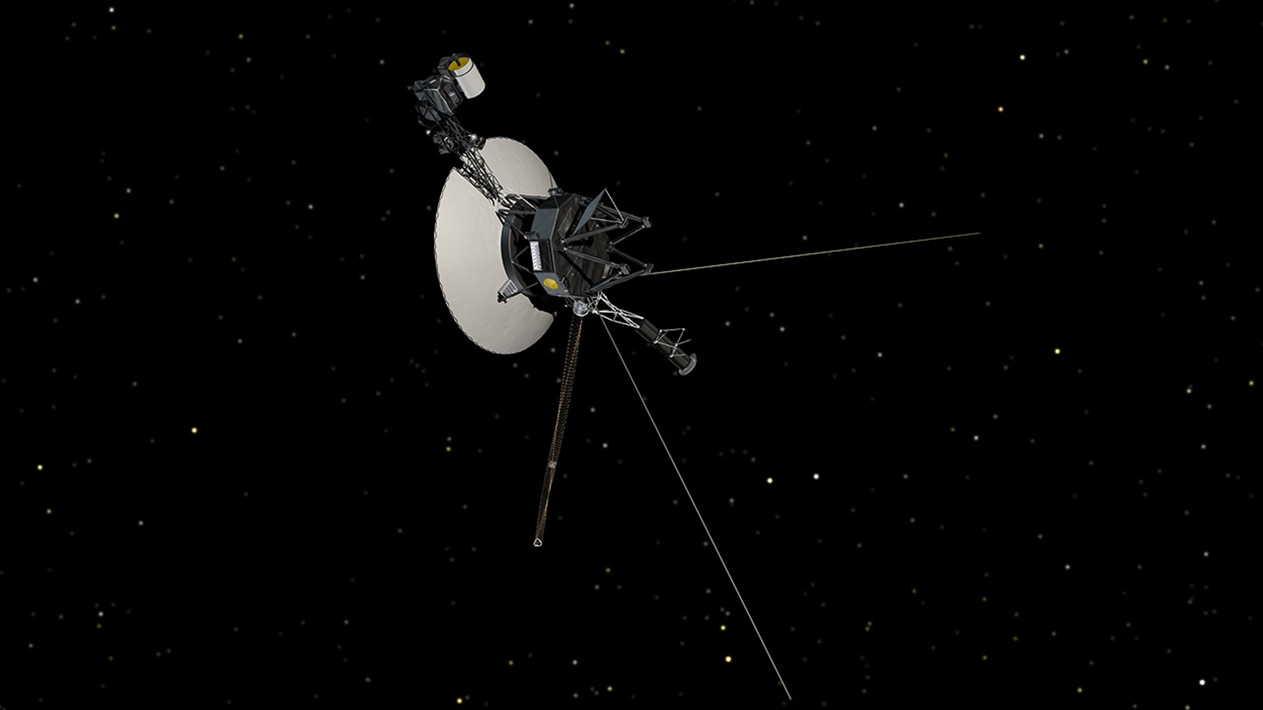 Artist concept showing NASA’s Voyager spacecraft against a backdrop of stars