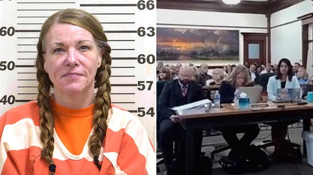 <p>Lori Vallow in mugshot (left) and at her sentencing (right) </p>