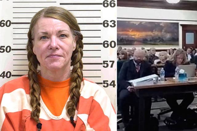 <p>Lori Vallow in mugshot (left) and at her sentencing (right) </p>