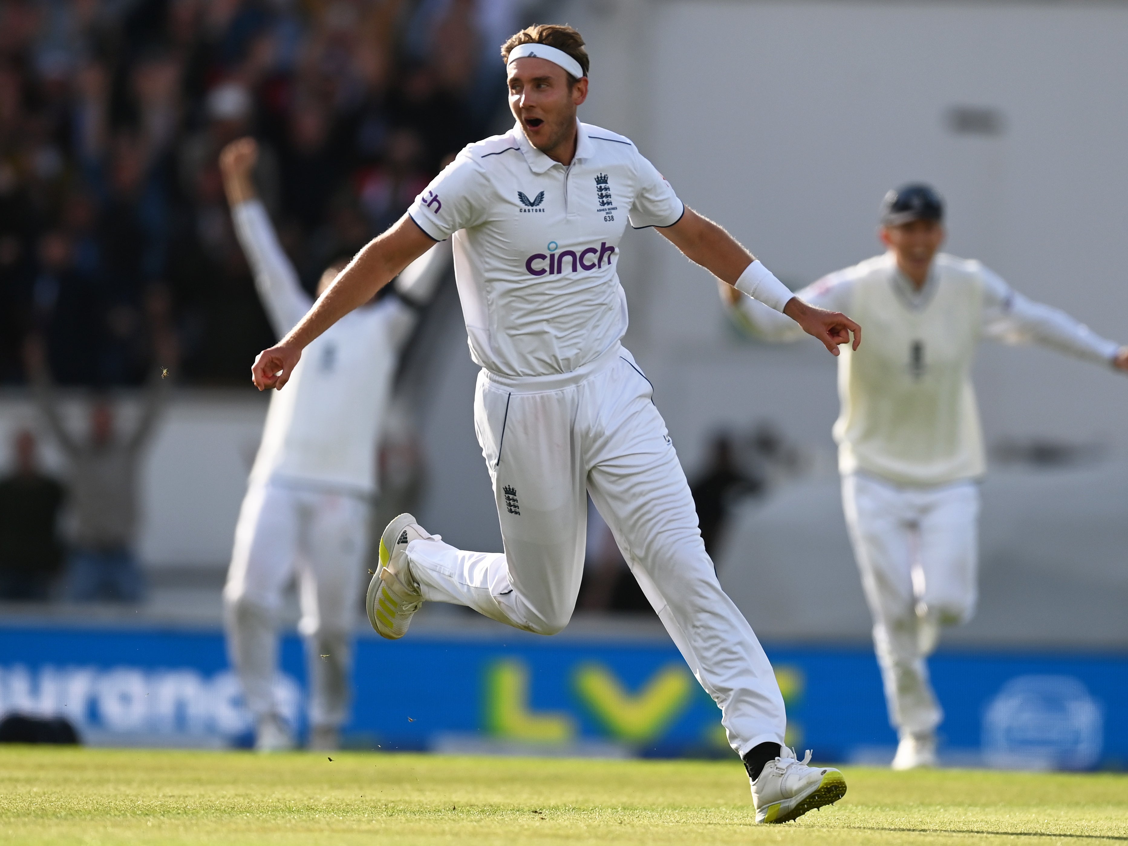 Stuart Broad celebrates after taking the final wicket of the series
