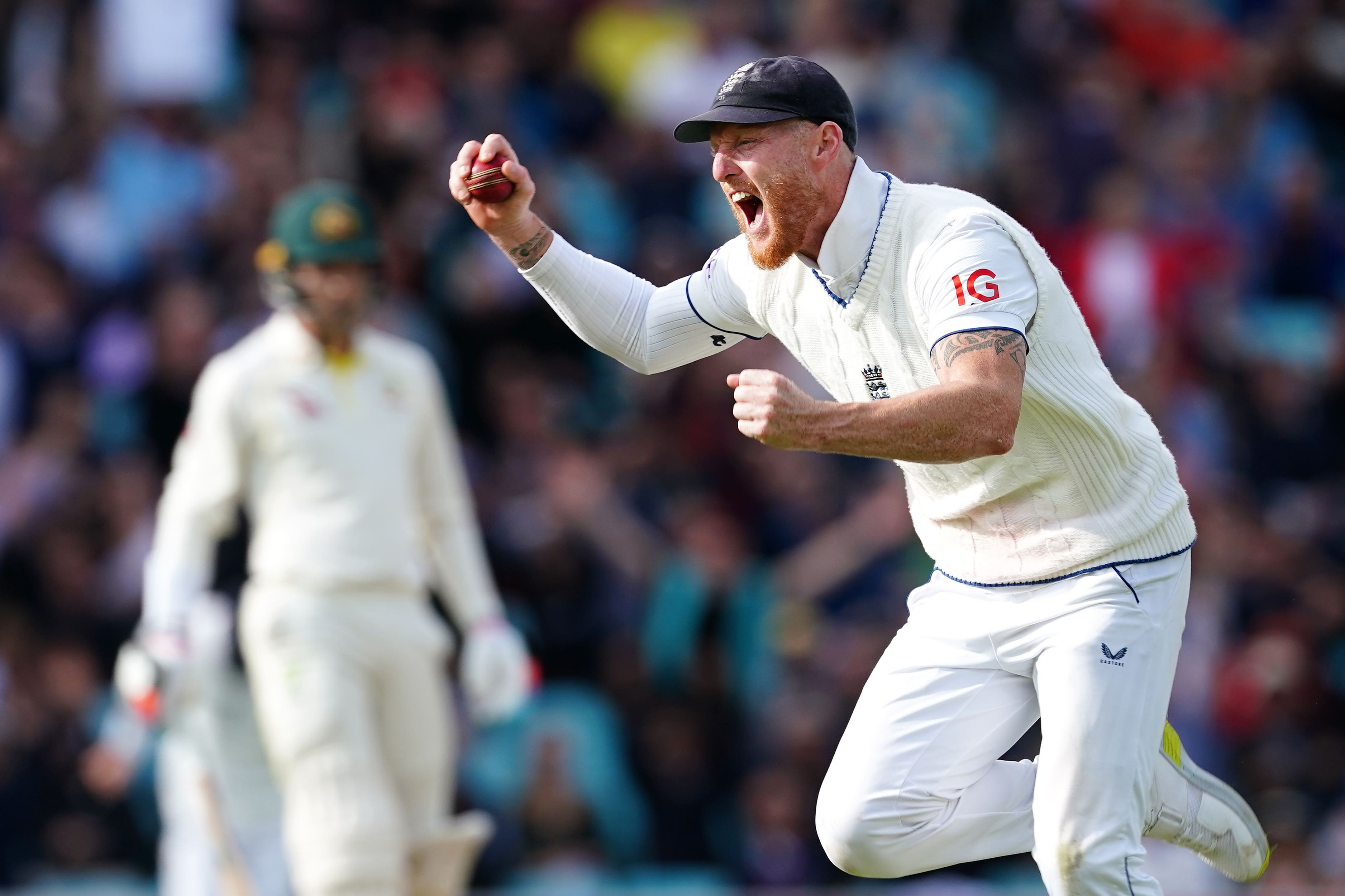 England’s Ben Stokes celebrates the catch of Australia’s Pat Cummins (Mike Egerton/PA)