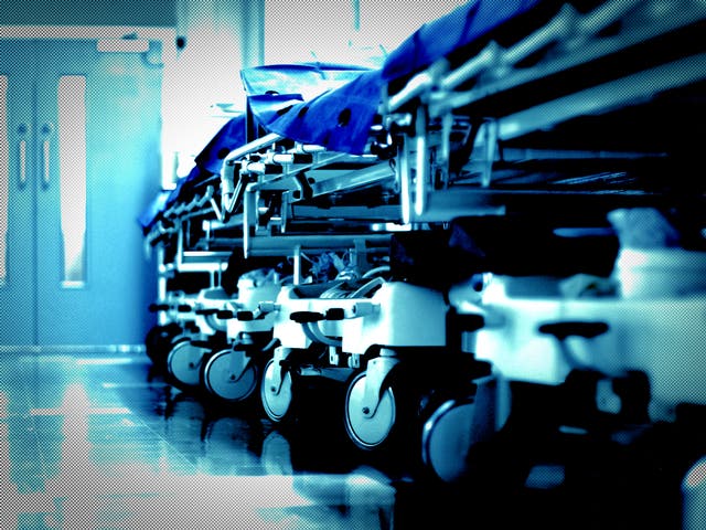 <p>Trollies stacked up in hospital corridor  </p>