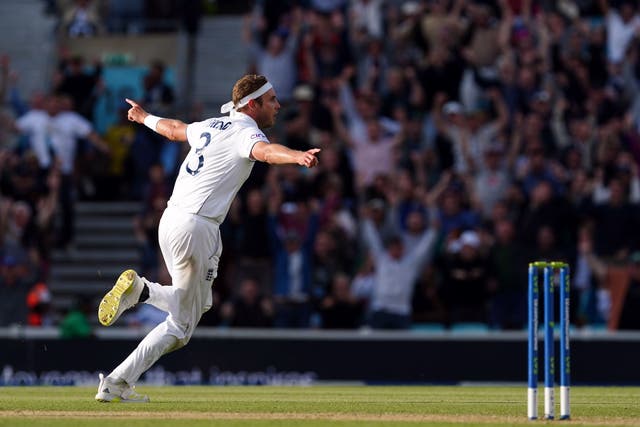 England’s Stuart Broad celebrates taking the wicket of Australia’s Alex Carey (Mike Egerton/PA)