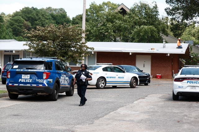 <p>A Memphis Police officer walks on the scene of a shooting at Margolin Hebrew School on Monday, July 31, 2023 in Memphis, Tenn. </p>