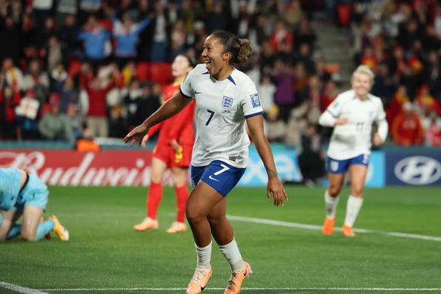 <p>Lauren James celebrates scoring England’s fourth goal</p>