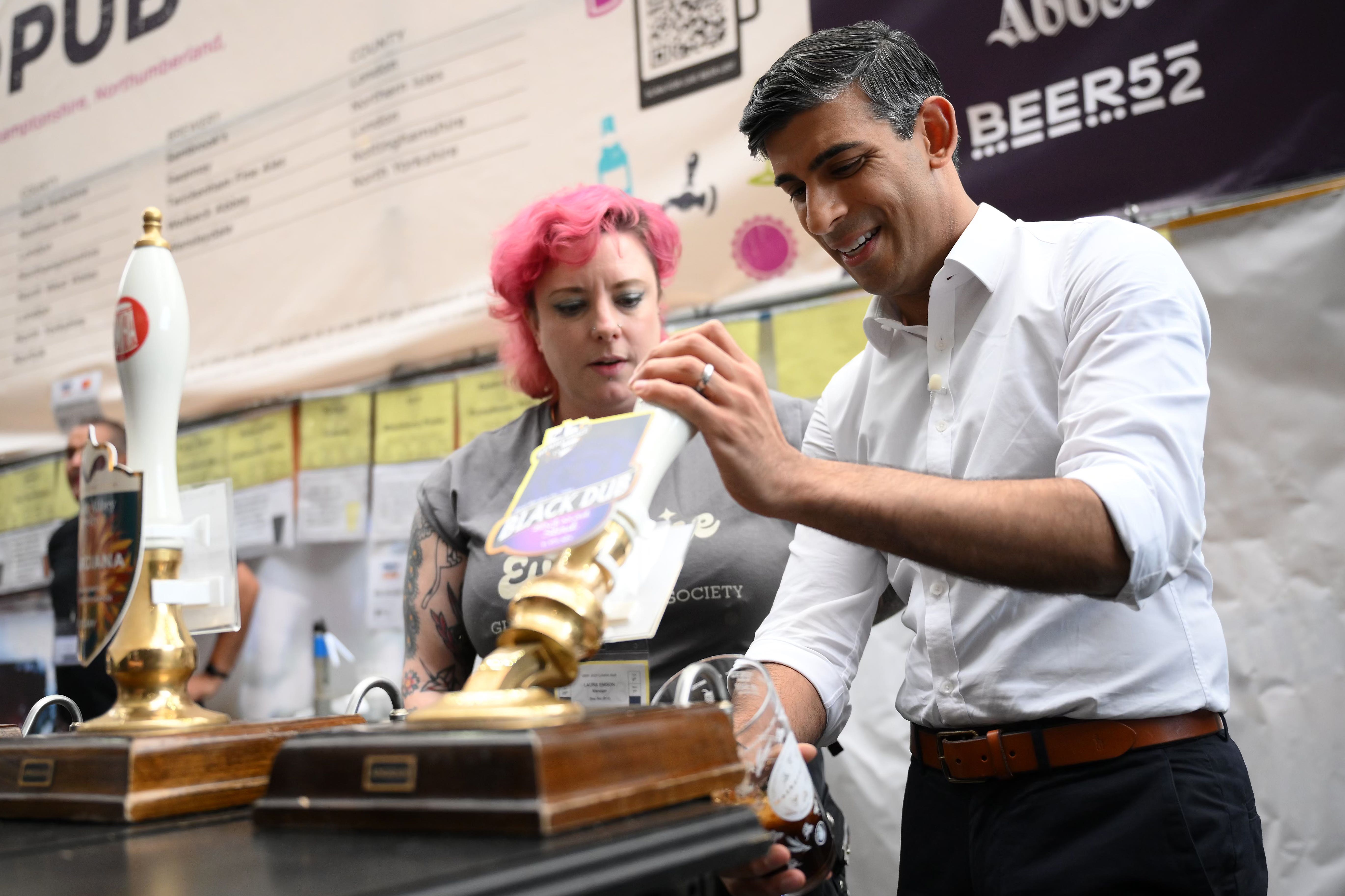 Prime Minister Rishi Sunak was heckled over the alcohol duty changes while visiting the Great British Beer Festival at Olympia, in London (Daniel Leal/PA)