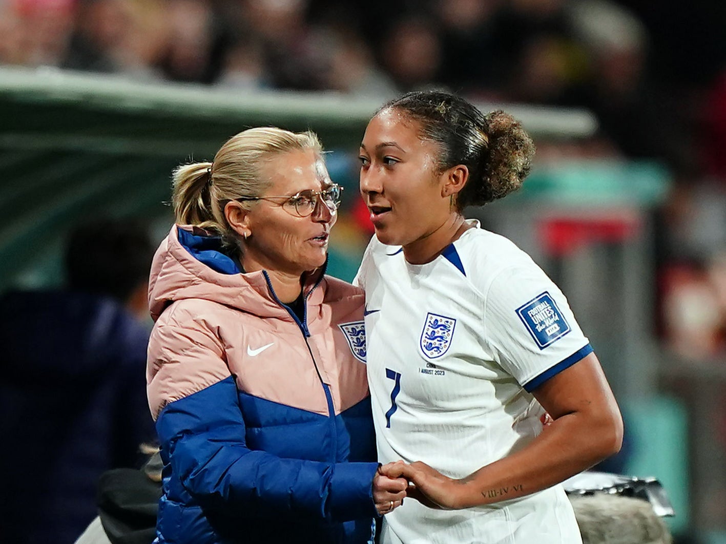 Sarina Wiegman jokes with Lauren James during last week’s match with China