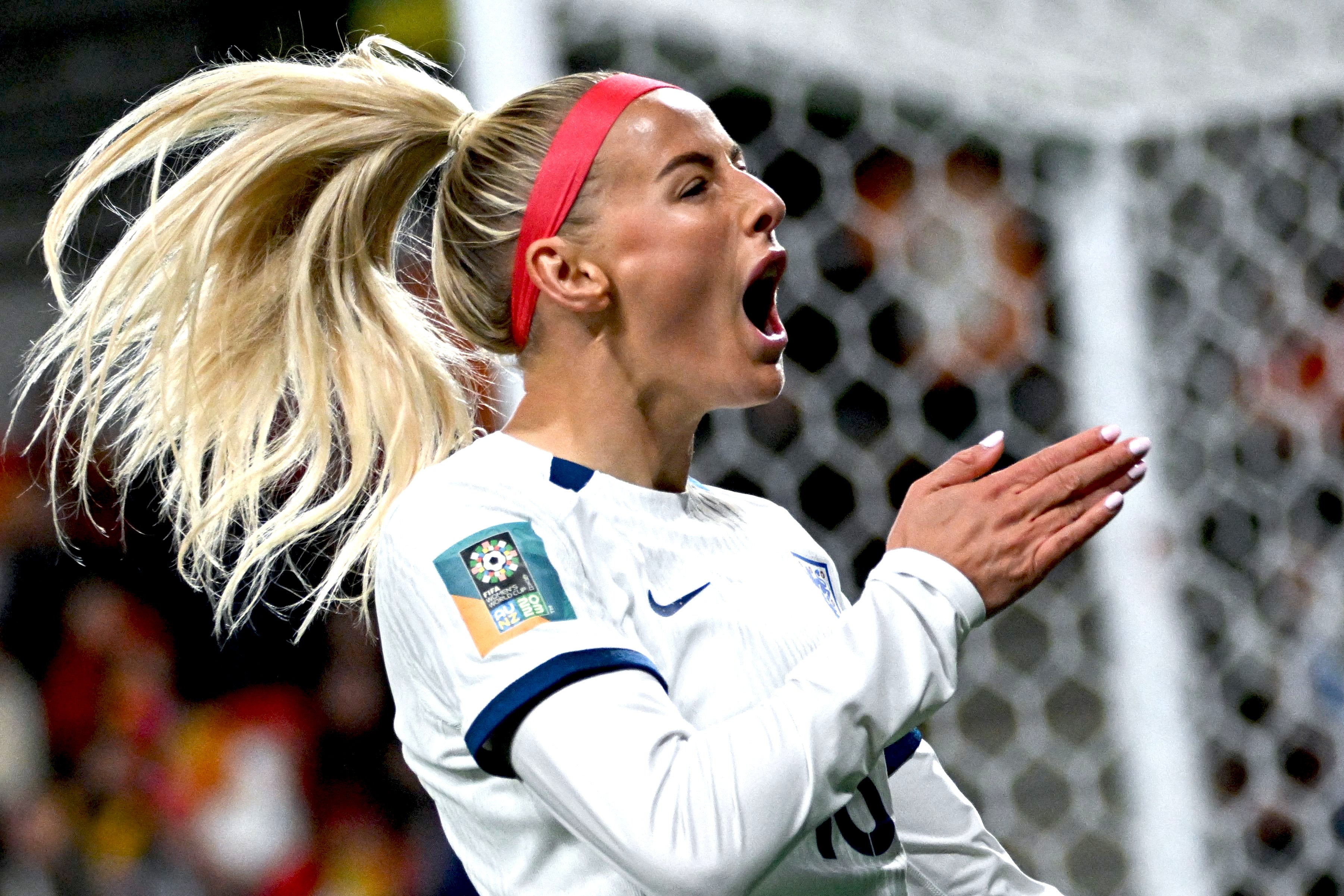 Chloe Kelly celebrates scoring England's fifth goal against China in the Women's World Cup Group D match at Hindmarsh Stadium in Adelaide, Australia