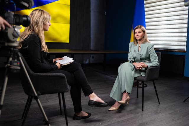 <p>Olena Zelensky, right, is interviewed by Bel Trew </p>